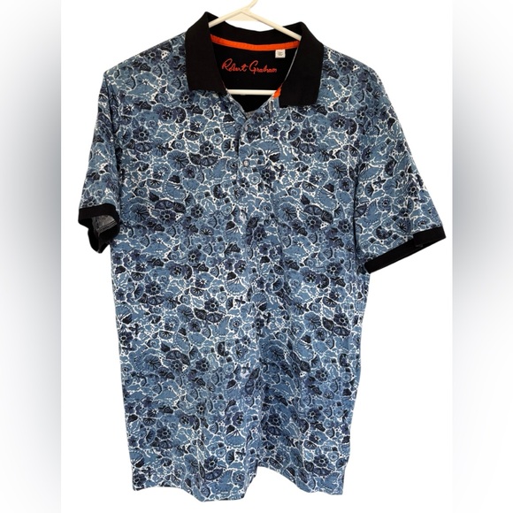 Robert Graham Amaro Blue Polo Short Sleeve Shirt Medium Button Front Classic Fit - Picture 1 of 7